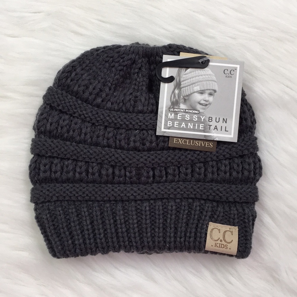 Dark Grey Kids Messy Bun Beanie Tail C.C Beanie